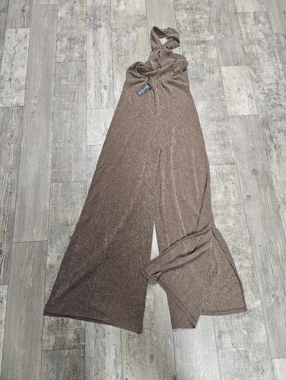 PrettyLittleThing Brown Halter Wide-Leg Jumpsuit